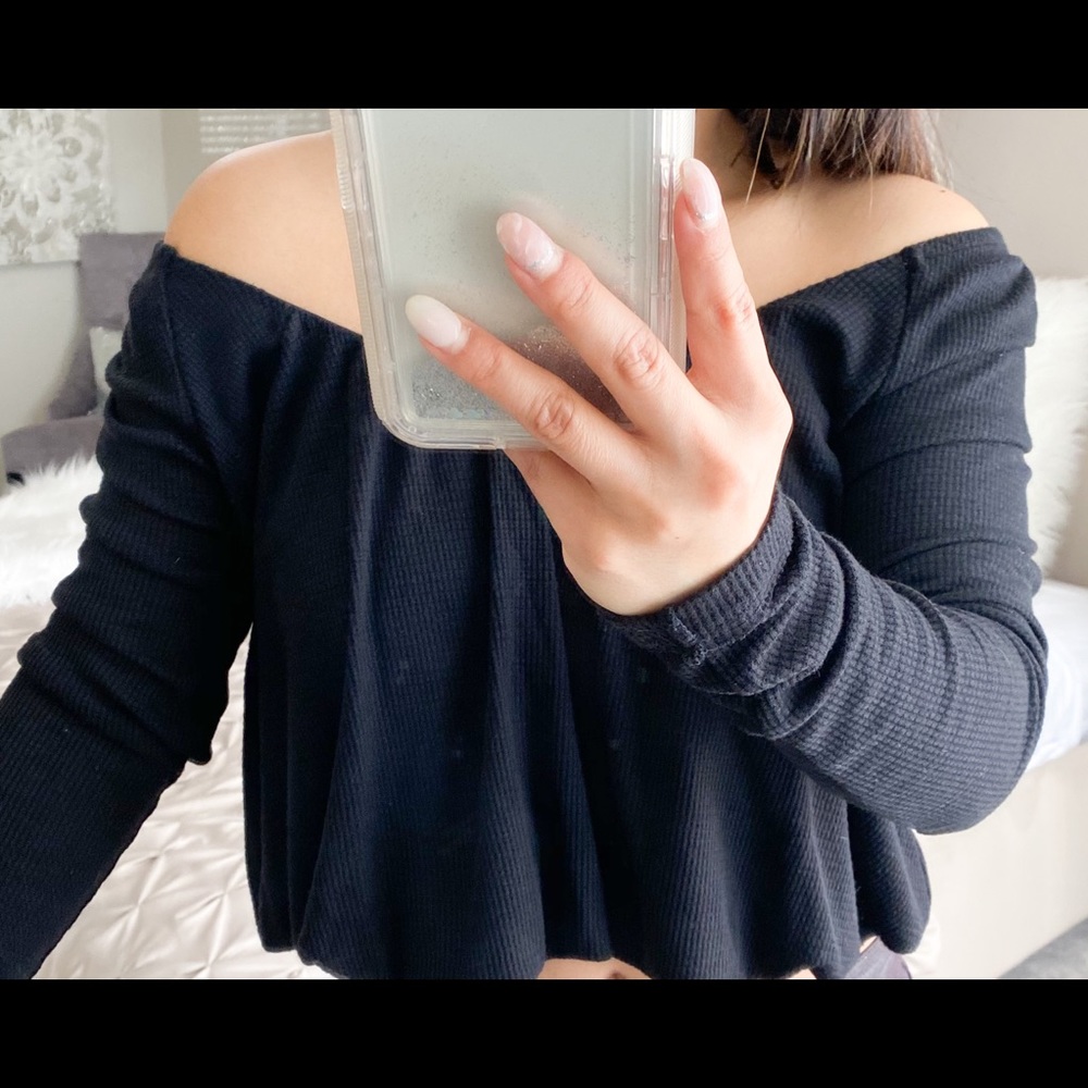 Free People Waffle Knit Thermal Long Sleeve black crop Top - Picture 11 of 15